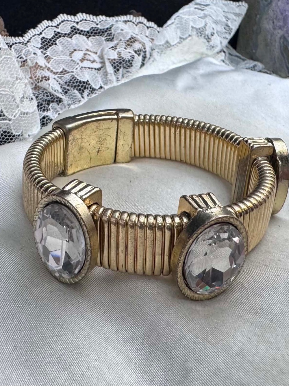 vintage 1980 gold tone stretch metal Tubogas Bracelet with crystals